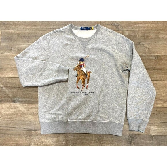 Polo Ralph Lauren Men's M Gray Polo Bear Player Graphic Crewneck Riding Pony - Picture 1 of 8